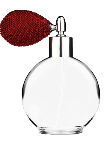 Round design 128 ml, 4.33oz  clear glass bottle  with red vintage style bulb sprayer with shiny silver collar cap.