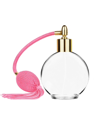 Round design 128 ml, 4.33oz  clear glass bottle  with Pink vintage style bulb sprayer with tassel and shiny gold collar cap.