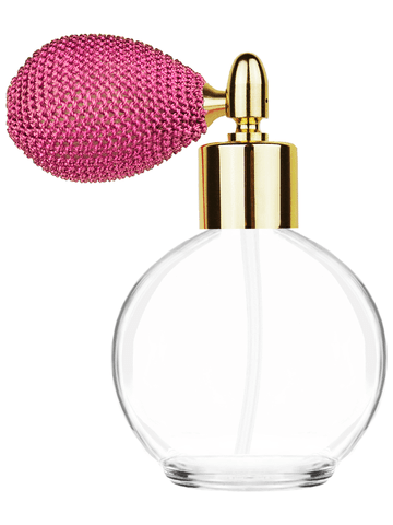 ***OUT OF STOCK***Round design 78 ml, 2.65oz  clear glass bottle  with pink vintage style bulb sprayer with shiny gold collar cap.