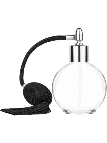 Round design 78 ml, 2.65oz  clear glass bottle  with Black vintage style bulb sprayer with tasseland shiny silver collar cap.