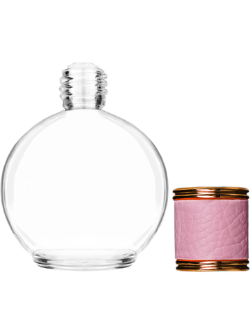 Round design 78 ml, 2.65oz  clear glass bottle  with reducer and pink faux leather cap.