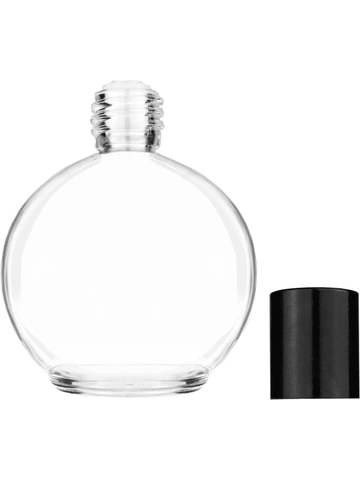 Round design 78 ml, 2.65oz  clear glass bottle  with reducer and tall black shiny cap.