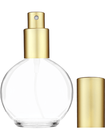 Round design 78 ml, 2.65oz  clear glass bottle  with matte gold spray pump.