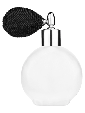 Round design 128 ml, 4.33oz frosted glass bottle with black vintage style bulb sprayer with shiny silver collar cap.