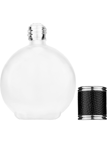Round design 128 ml, 4.33oz frosted glass bottle with reducer and black faux leather cap.