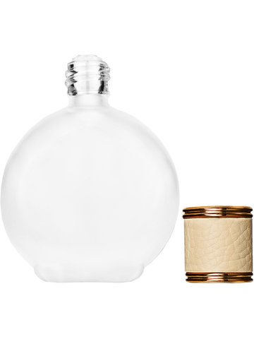 Round design 128 ml, 4.33oz frosted glass bottle with reducer and ivory faux leather cap.