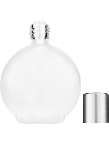 Round design 128 ml, 4.33oz frosted glass bottle with reducer and tall silver matte cap.