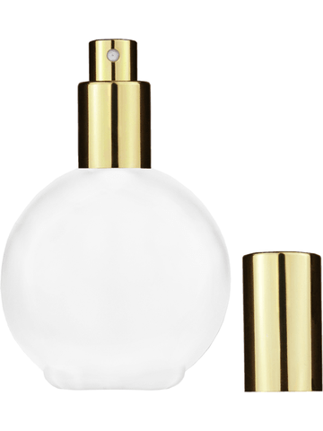 Round design 128 ml, 4.33oz frosted glass bottle with shiny gold spray pump.