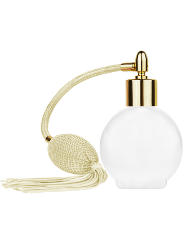 Round design 78 ml, 2.65oz frosted glass bottle with Ivory vintage style bulb sprayer with tassel and shiny gold collar cap.