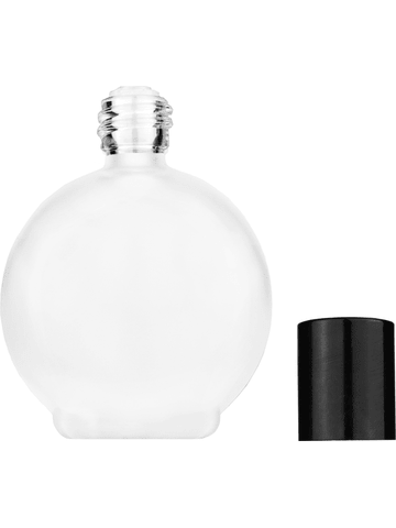 Round design 78 ml, 2.65oz frosted glass bottle with reducer and tall black shiny cap.