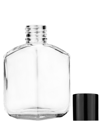 Empty Clear glass bottle with short shiny black cap capacity: 13ml, 1/2oz. For use with perfume or fragrance oil, essential oils, aromatic oils and aromatherapy.