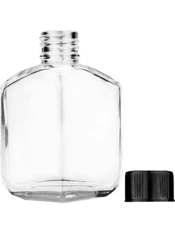 Royal design 13ml, 1/2oz Clear glass bottle with short black cap.