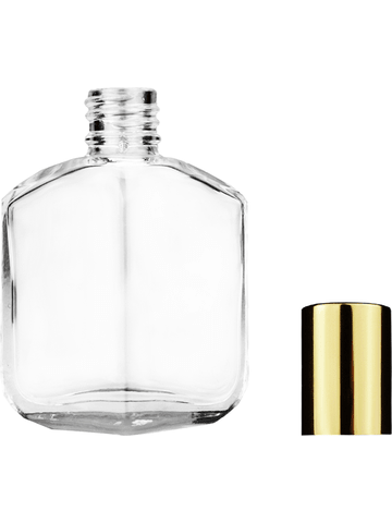 Royal design 13ml, 1/2oz Clear glass bottle with shiny gold cap.