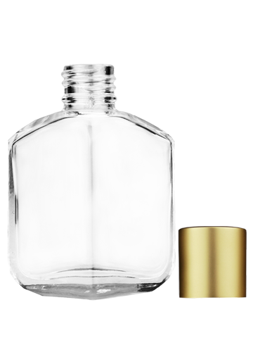 Empty Clear glass bottle with short matte gold cap capacity: 13ml, 1/2oz. For use with perfume or fragrance oil, essential oils, aromatic oils and aromatherapy.
