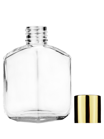 Empty Clear glass bottle with short shiny gold cap capacity: 13ml, 1/2oz. For use with perfume or fragrance oil, essential oils, aromatic oils and aromatherapy.