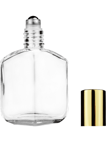 Royal design 13ml, 1/2oz Clear glass bottle with metal roller ball plug and shiny gold cap.