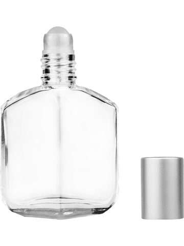 Royal design 13ml, 1/2oz Clear glass bottle with plastic roller ball plug and matte silver cap.