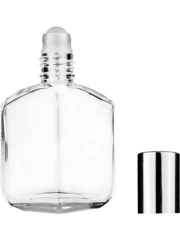 Royal design 13ml, 1/2oz Clear glass bottle with plastic roller ball plug and shiny silver cap.