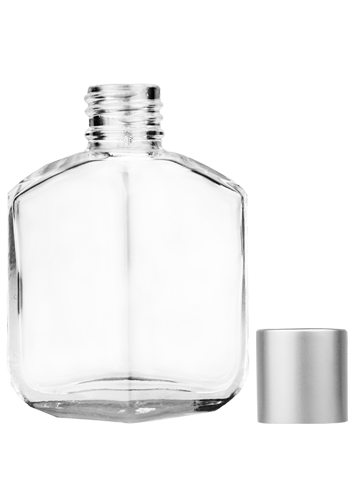 Empty Clear glass bottle with short matte silver cap capacity: 13ml, 1/2oz. For use with perfume or fragrance oil, essential oils, aromatic oils and aromatherapy.