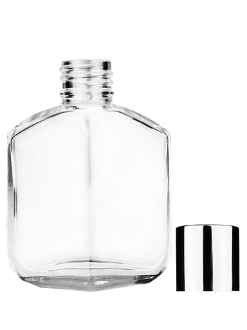 Empty Clear glass bottle with short shiny silver cap capacity: 13ml, 1/2oz. For use with perfume or fragrance oil, essential oils, aromatic oils and aromatherapy.