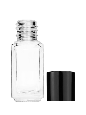 Empty Clear glass bottle with short shiny black cap capacity: 5ml, 1/6oz. For use with perfume or fragrance oil, essential oils, aromatic oils and aromatherapy.