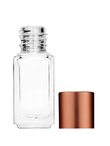 Empty Clear glass bottle with short matte copper cap capacity: 5ml, 1/6oz. For use with perfume or fragrance oil, essential oils, aromatic oils and aromatherapy.