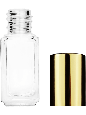Sleek design 5ml, 1/6oz Clear glass bottle with shiny gold cap.