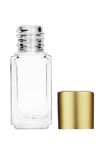 Empty Clear glass bottle with short matte gold cap capacity: 5ml, 1/6oz. For use with perfume or fragrance oil, essential oils, aromatic oils and aromatherapy.