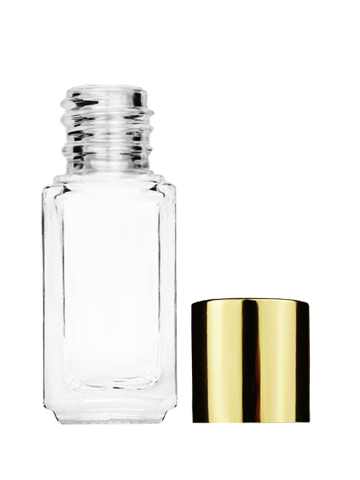 Empty Clear glass bottle with short shiny gold cap capacity: 5ml, 1/6oz. For use with perfume or fragrance oil, essential oils, aromatic oils and aromatherapy.