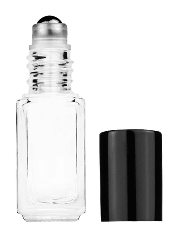 Sleek design 5ml, 1/6oz Clear glass bottle with metal roller ball plug and black shiny cap.