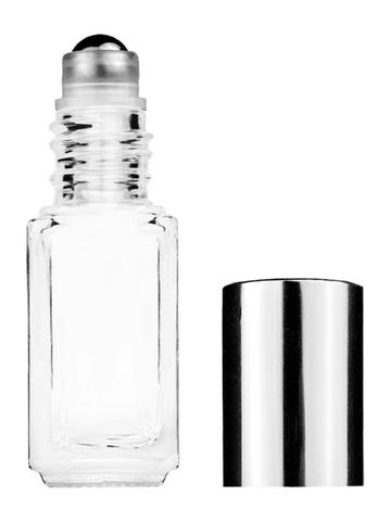 Sleek design 5ml, 1/6oz Clear glass bottle with metal roller ball plug and shiny silver cap.