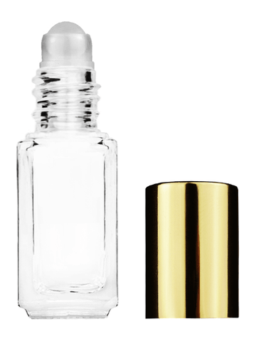 Sleek design 5ml, 1/6oz Clear glass bottle with plastic roller ball plug and shiny gold cap.