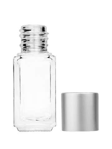 Empty Clear glass bottle with short matte silver cap capacity: 5ml, 1/6oz. For use with perfume or fragrance oil, essential oils, aromatic oils and aromatherapy.