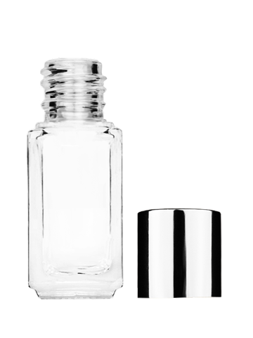 Empty Clear glass bottle with short shiny silver cap capacity: 5ml, 1/6oz. For use with perfume or fragrance oil, essential oils, aromatic oils and aromatherapy.