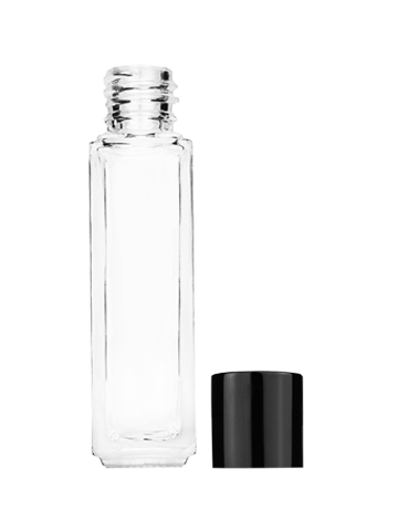 Empty Clear glass bottle with short shiny black cap capacity: 8ml, 1/3oz. For use with perfume or fragrance oil, essential oils, aromatic oils and aromatherapy.