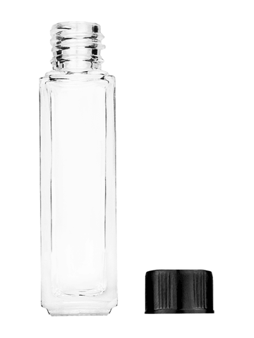 Sleek design 8ml, 1/3oz Clear glass bottle with short black cap.