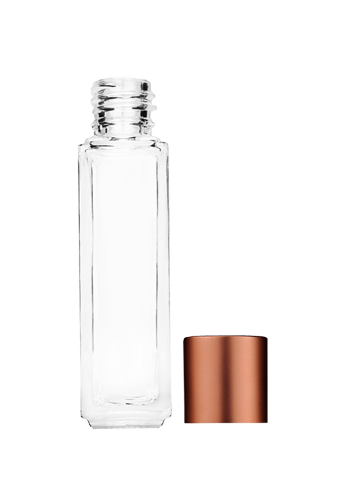 Empty Clear glass bottle with short matte copper cap capacity: 8ml, 1/3oz. For use with perfume or fragrance oil, essential oils, aromatic oils and aromatherapy.