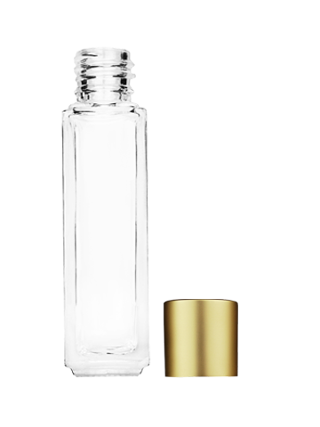 Empty Clear glass bottle with short matte gold cap capacity: 8ml, 1/3oz. For use with perfume or fragrance oil, essential oils, aromatic oils and aromatherapy.