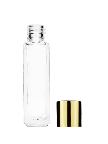 Empty Clear glass bottle with short shiny gold cap capacity: 8ml, 1/3oz. For use with perfume or fragrance oil, essential oils, aromatic oils and aromatherapy.