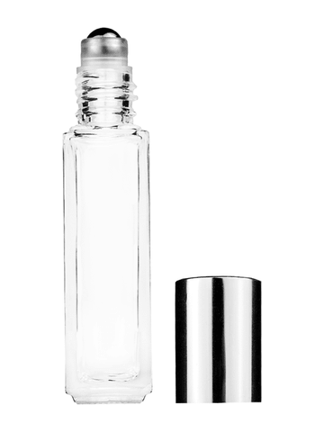 Sleek design 8ml, 1/3oz Clear glass bottle with metal roller ball plug and shiny silver cap.