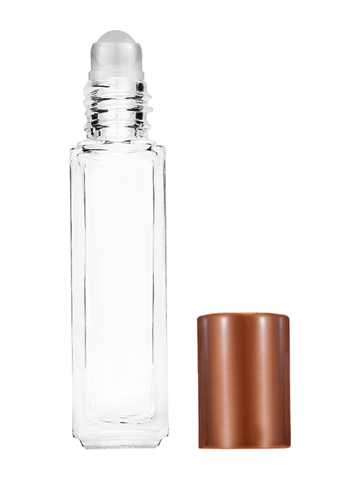 Sleek design 8ml, 1/3oz Clear glass bottle with plastic roller ball plug and matte copper cap.