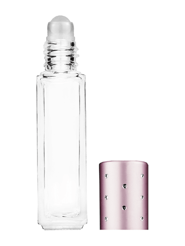 Sleek design 8ml, 1/3oz Clear glass bottle with plastic roller ball plug and pink cap with dots.