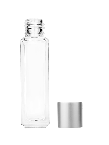 Empty Clear glass bottle with short matte silver cap capacity: 8ml, 1/3oz. For use with perfume or fragrance oil, essential oils, aromatic oils and aromatherapy.