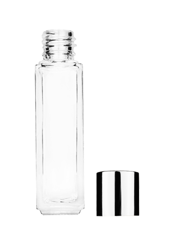 Empty Clear glass bottle with short shiny silver cap capacity: 8ml, 1/3oz. For use with perfume or fragrance oil, essential oils, aromatic oils and aromatherapy.