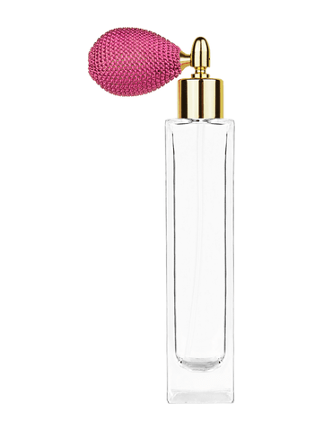 ***OUT OF STOCK***Sleek design 100 ml, 3 1/2oz  clear glass bottle  with pink vintage style bulb sprayer with shiny gold collar cap.