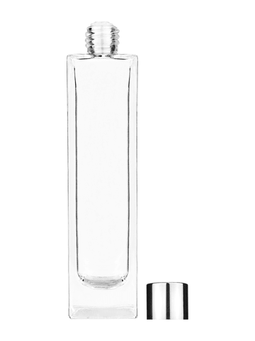 Sleek design 100 ml, 3 1/2oz  clear glass bottle  with reducer and shiny silver cap.