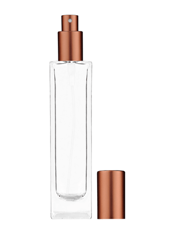 Sleek design 100 ml, 3 1/2oz  clear glass bottle  with matte copper spray pump.