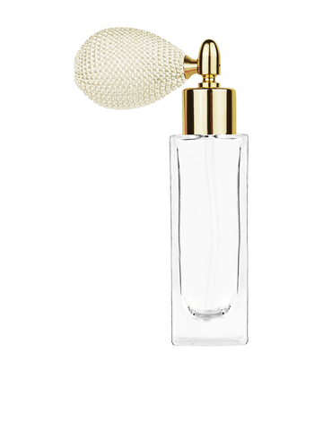 Sleek design 30 ml, 1oz  clear glass bottle  with ivory vintage style bulb sprayer with shiny gold collar cap.