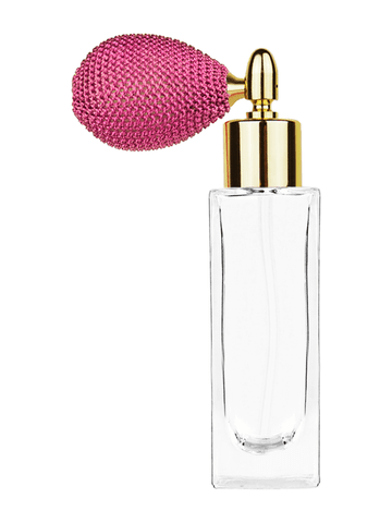 ***OUT OF STOCK***Sleek design 30 ml, 1oz  clear glass bottle  with pink vintage style bulb sprayer with shiny gold collar cap.
