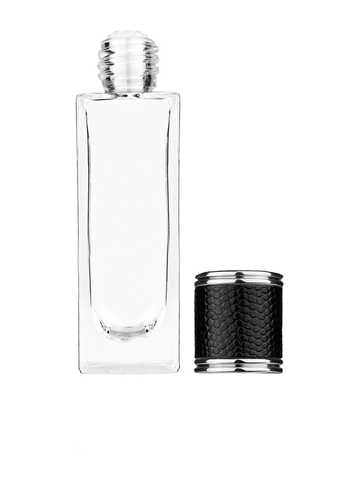 Sleek design 30 ml, 1oz  clear glass bottle  with reducer and black faux leather cap.